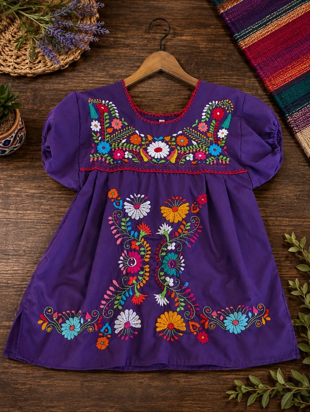 Purple Embroidered Mexican Peasant Blouse
